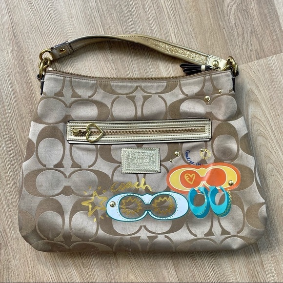 Coach Daisy Glitter Poppy C Appliqué Tan Bag - Monogram with Orange & Teal - Picture 1 of 9